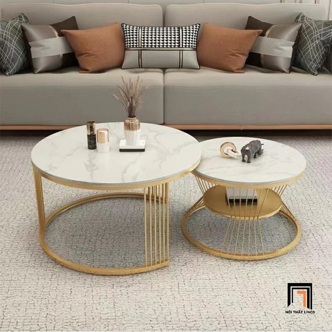 E3 Cặp bàn sofa mặt đá tròn BSF34 Rolate khung chân xòe xinh xắn