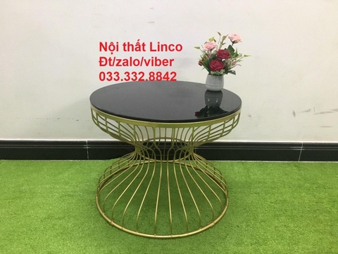 C1 Bàn sofa đồng hồ cát mặt kính đen 60 khung chân sắt vàng