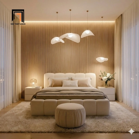 F6 Giường ngủ bọc nệm vải nỉ GN168 Valois gam be nhẹ nhàng