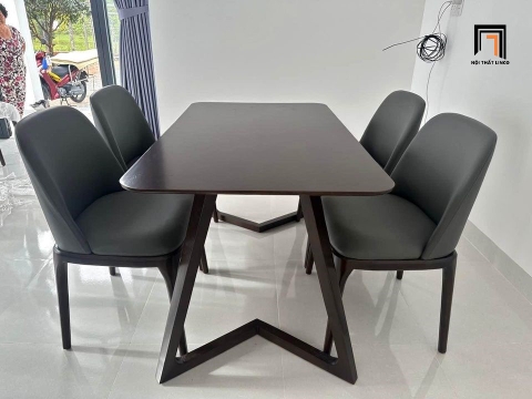 Bộ bàn chữ nhật chân V 4 ghế nệm da simili 31-KH4-G13-B92 xám ghi