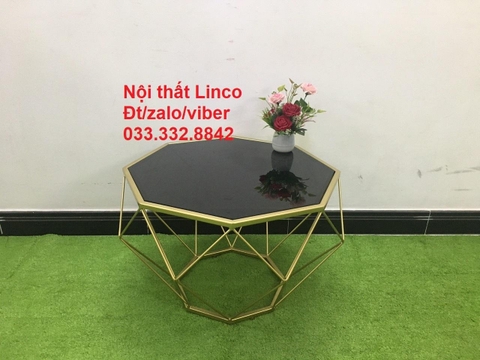 D1 Bàn sofa phòng khách lục giác 70 mặt kính đen khung vàng