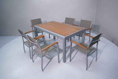 Athens dining set, alu frame with heat transferred wood finish
