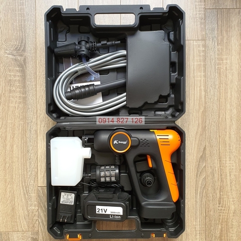 Bộ Máy Rửa Xe pin 21V hãng KAPUSI K-6995 đủ phụ kiện rửa ô tô, xe máy, tưới cây, sân vườn
