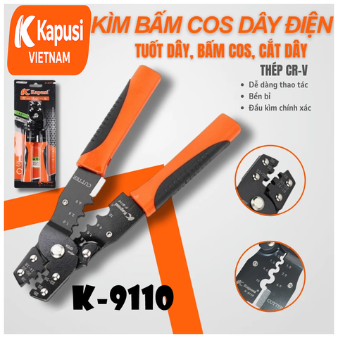 Kìm Ép Cốt Đa Năng Kapusi K-9110 – Bấm Cos AWG 14–28, Tuốt Dây 0.5–10mm, Thép Hợp Kim Cứng, Dài 190mm, Bh 12 tháng