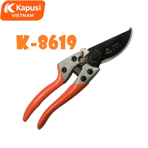 Kéo Cắt Cành 8 Inch KAPUSI K-8619 Lưỡi Đen Dáng Cong Thép SK5 Cao Cấp Có Chốt Khóa Lò Xo Cứng Cáp, BH 12 tháng