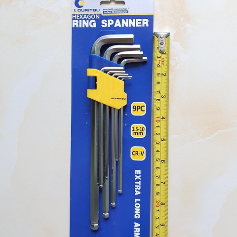Bộ Lục Giác Đầu Bi Hãng Kouritsu 9 Cây Chữ L 1.5-10mm Dài 25mm, Chất liệu thép CR-V6150