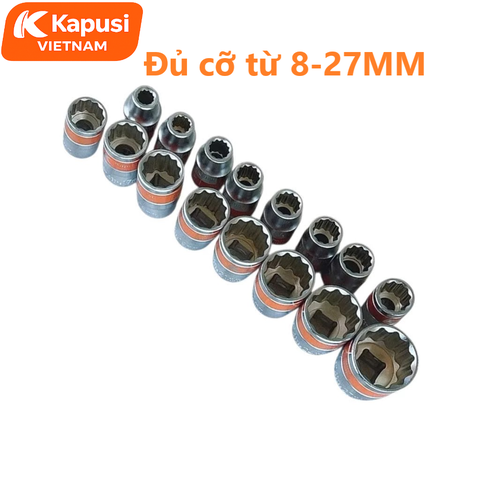 Bộ Khẩu Hoa Thị Ngắn KAPUSI Đủ Size 8-27mm - Trọn Bộ Đầu Tuýp Bông 16 Món Thép CR-V Mạ Chrome Chống Rỉ Sét