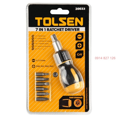 Bộ tô vít lùn tự động đa năng 7 trong 1 Tolsen 20033, 7 đầu dẹp và bake, thép CR-V