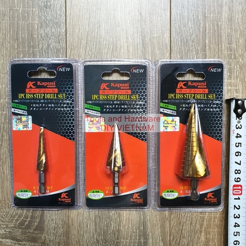 Bộ 3 Mũi khoan tháp rãnh xoăn KAPUSI K-3240 chất liệu titanium các cỡ từ 4-12, 4-22, 4-32mm