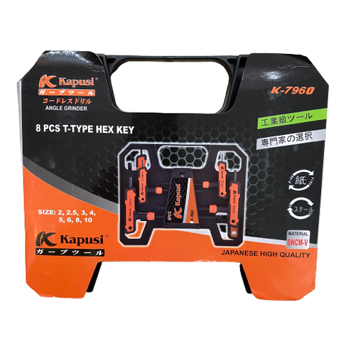 Bộ lục giác chữ T KAPUSI K-7960 8 chi tiết 2-10mm, thép cr-v, tay cầm cán cao su