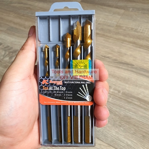 Hộp 5 mũi khoan đa năng K-3608 hãng Kapusi gồm các cỡ hai mũi 6m và mũi 8, 10, 12mm,có tem chống hàng giả