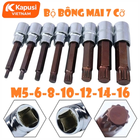Bộ Đầu Tuýp Bông Mai 12 Cạnh Kapusi 1/2 inch Dài 100mm – 7 Món (M5–M16) – Thép CRV S2 Siêu Bền, Bh 12 tháng