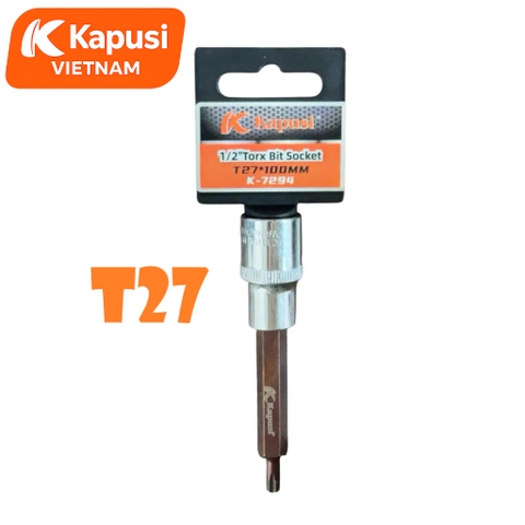 Đầu Tuýp Hoa Thị 6 Cạnh (Torx) Kapusi 1/2 inch Dài 100mm – T20 Đến T60 – Thép CRV, Đầu S2, Bán Lẻ Từng Cỡ, Bh 12 tháng