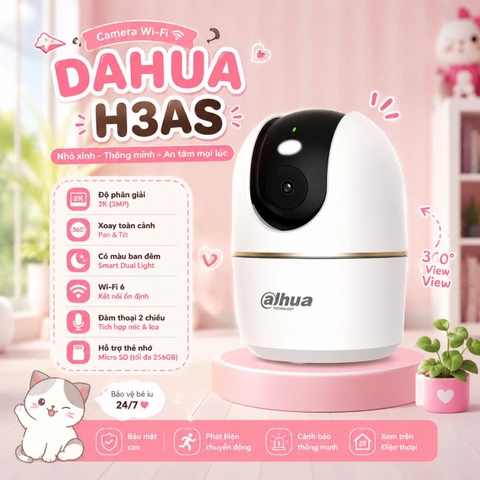 Wifi Dahua H3AS 3MP - Hero A1 | Xoay 360 trong nhà, Đàm thoại 2 chiều ,Theo dõi chuyển động (Tương tự A32 Pro)