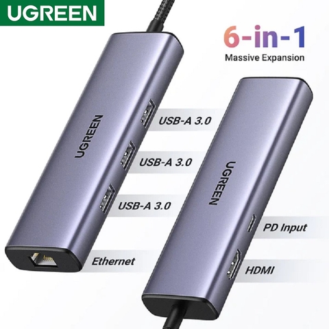 Bộ chuyển đổi USB-C sang HDM 4K@30Hz , PD 100W Ugreen 15598 USB A+HDMI+RJ45+PD Converter 4K@30Hz with PD