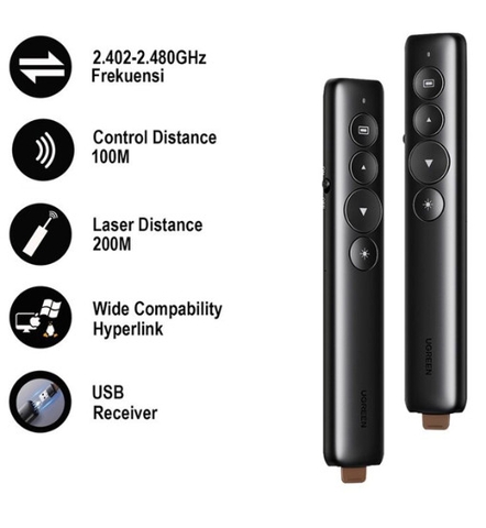 Bút trình chiếu Laser không dây chính hãng Ugreen 50654 cao cấp (Led đỏ, chiếu xa 200M)