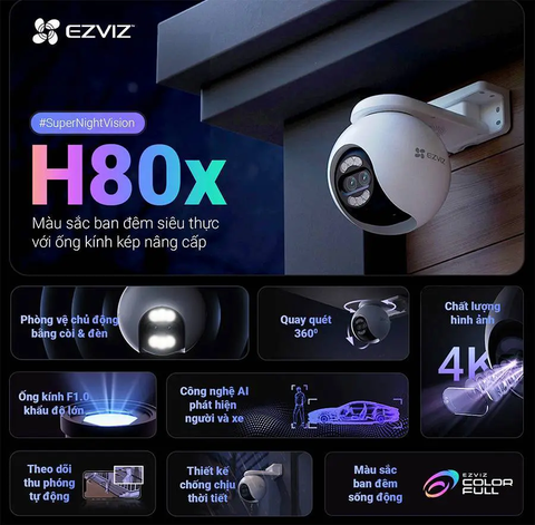 EZVIZ H80X 10MP - H80X-4K (8MP+2MP) (Góc toàn cảnh 3840 × 2160 | Góc Zoom 1920 x 1080 | Khẩu độ F1.0 | AI phân biệt người và xe | Xoay 360 đồng thời 2 mắt | Đàm thoại | Ban đêm có màu, kể cả ánh sáng yếu | Lắp ngoài trời)