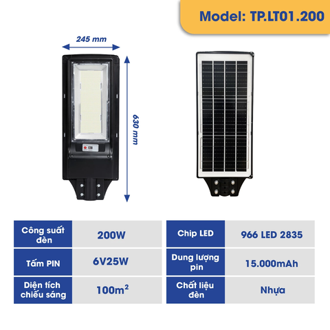 Đèn đường liền thể năng lượng mặt trời TP SOLAR TP.LT01.200W (Bảo hành 2 năm)