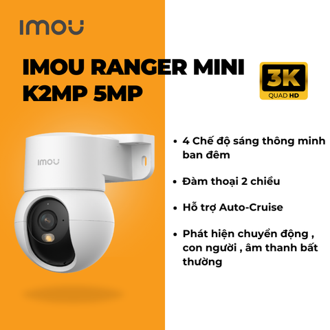 (5.0Ghz) IMOU K2MP 3K 5MP mini (LAN 1GB | Full Color | Có AOR | Nén H.265 | Nhận thẻ 512GB | Góc rộng hơn | Loa to hơn | Nhận diện Human tốt hơn)