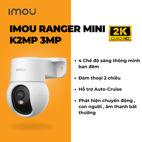 (5.0Ghz) IMOU K2MP 2K 3MP mini (LAN 1GB | Full Color | Có AOR | Nén H.265 | Nhận thẻ 512GB | Góc rộng hơn | Loa to hơn | Nhận diện Human tốt hơn)