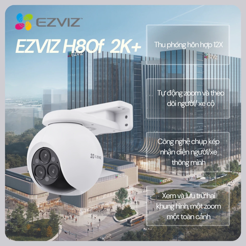 3 Mắt EZVIZ H80F 12MP - Dual 4MP + 4MP + 4MP (7,680 × 4,320 (Hai Góc toàn cảnh 2560 × 1440 | Góc Zoom 2560 × 1440 | Max Zoom 12x | AI phân biệt người và xe | Xoay 360 đồng thời 3 mắt | Đàm thoại | Ban đêm có màu, kể cả ánh sáng yếu | Lắp ngoài trời, mùa mưa mắt đọng sương, tạm ngưng phân phối)