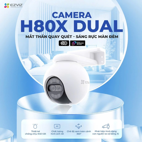 EZVIZ H80X 10MP - H80X-4K (8MP+2MP) (Góc toàn cảnh 3840 × 2160 | Góc Zoom 1920 x 1080 | Khẩu độ F1.0 | AI phân biệt người và xe | Xoay 360 đồng thời 2 mắt | Đàm thoại | Ban đêm có màu, kể cả ánh sáng yếu | Lắp ngoài trời)