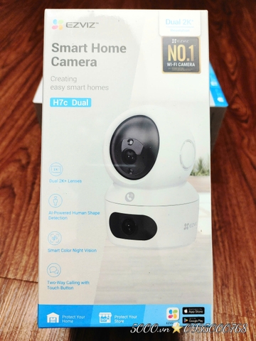 (5.0Ghz) Camera 4MP+4MP EZVIZ H7C 2K+ (Dual 2560 × 1440) - Ban đêm CÓ MÀU | Đàm thoại | Mắt trên cố định, mắt dưới xoay 360 | Chân đế NGHIÊNG hướng mắt cố định xuống dưới | Thùng 30c