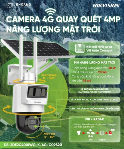 4G Solar Camera Hikvision DS-2DE2C400IWG-K/4G/C09S20 (1 mắt xoay + 1 Radar + PIR)