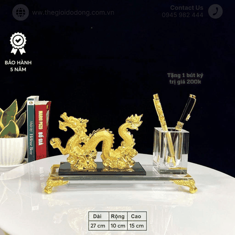 Quà tặng phong thủy để bàn – Rồng Vàng cắm bút cao cấp | Biểu trưng thăng tiến – tài lộc