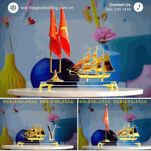 Quà tặng để bàn làm việc - cột cờ thuyền buồm mạ vàng