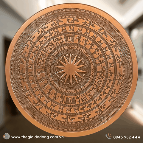 Mặt Trống Đồng Đông Sơn Treo Tường Bằng Đồng Đỏ Vân Chìm