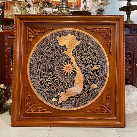 Trống Đồng Đông Sơn Treo Tường Đồng Đỏ Bản Đồ Việt Nam khung gỗ tự nhiên