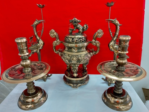 Bộ Đồ Thờ Bằng Đồng Đỏ Phớt Nỉ Đỉnh Đồng 50cm