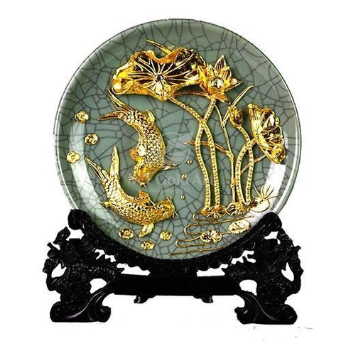 Tranh đĩa cá chép hoa sen dát vàng - quà tặng đối tác - sếp nữ chuẩn gu sang trọng ý