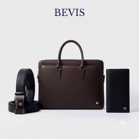 BEVIS PRESIDENT - Combo 3 Món Cặp Da Công Sở + Ví Dài + Thắt Lưng BEVIS - Bộ Quà Tặng Sếp Quà Doanh Nghiệp