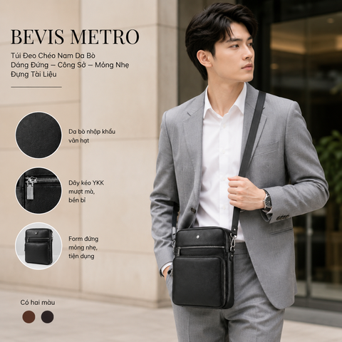 BEVIS METRO - Túi Đeo Chéo Nam Da Bò Dáng Đứng Công Sở Mỏng Nhẹ Đựng Tài Liệu
