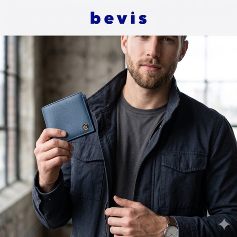 BEVIS CLASSIC – Ví Da Nam Vân Epi Japan Cao Cấp | Ví Nam Gập Đôi Màu Xanh Navy