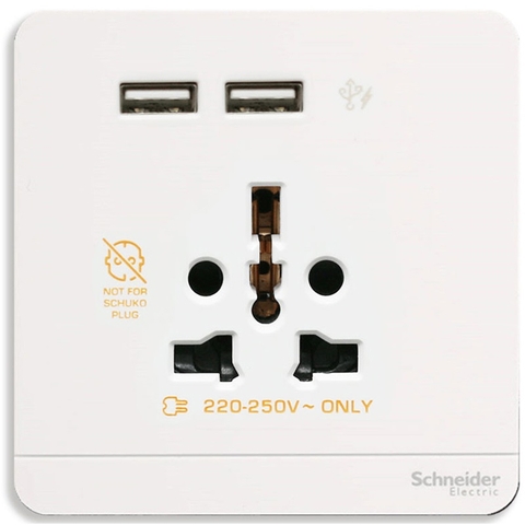 Bộ Ổ Cắm Đa Năng Và Sạc USB Đôi Màu Trắng Schneider AvatarOn Mã E8342616USB_WE_G19
