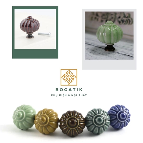 Núm tay nắm cửa tủ, ngăn kéo chất liệu GỐM SỨ hình bí ngô ĐA MÀU