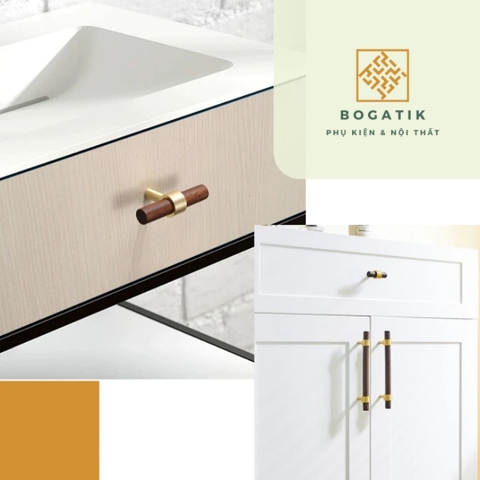 Tay nắm cửa tủ ngăn kéo tay nắm tủ bếp BOGATIK gỗ óc chó màu nâu cùng chân đế bằng ĐỒNG THAU
