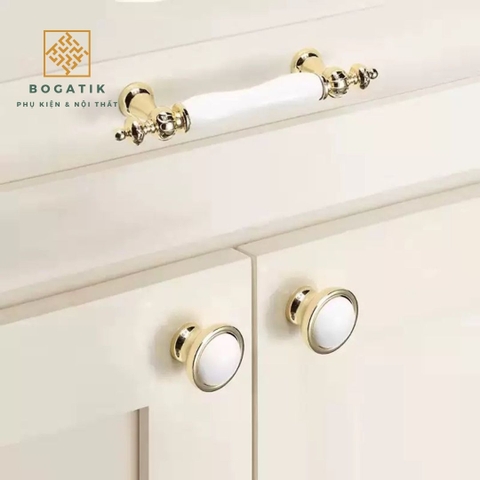 Tay nắm tủ bếp, tủ quần áo, chất liệu kết hợp gốm và hợp kim kẽm, phong cách tân cổ điển cao cấp