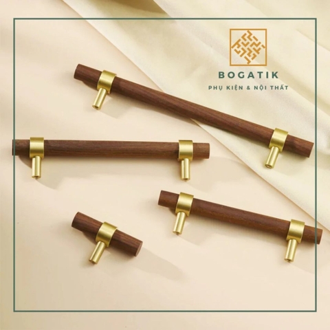 Tay nắm cửa tủ ngăn kéo tay nắm tủ bếp BOGATIK gỗ óc chó màu nâu cùng chân đế bằng ĐỒNG THAU