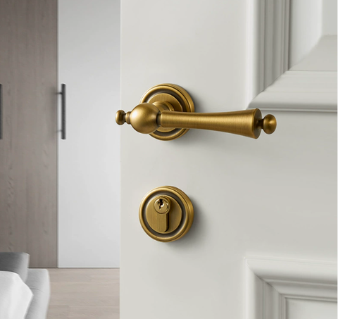 Khóa cửa phân thể đồng thau màu đồng cổ, chất liệu đồng thau kiểu dáng phễu ngược