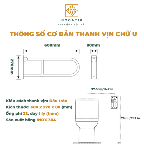 THANH TAY VỊN NHÀ TẮM AN TOÀN CHO NGƯỜI GIÀ, TAY VỊN CHỮ U INOX SUS 304 DÀY 1 LY, BH 24 THÁNG