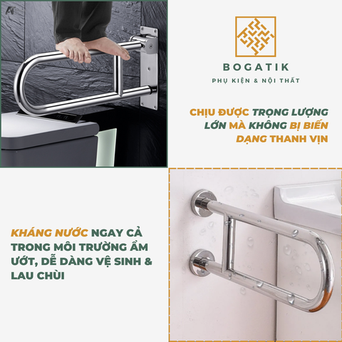 THANH TAY VỊN NHÀ TẮM AN TOÀN CHO NGƯỜI GIÀ, TAY VỊN CHỮ U INOX SUS 304 DÀY 1 LY, BH 24 THÁNG