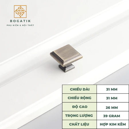 Núm tay cửa tủ ngăn kéo núm VUÔNG nội thất BOGATIK hợp kim KẼM nhiều màu tinh tế & hiện đại