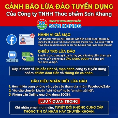 🚨 [CẢNH BÁO KHẨN CẤP] MẠO DANH CÔNG TY TNHH THỰC PHẨM SƠN KHANG ĐỂ LỪA ĐẢO TUYỂN DỤNG