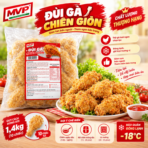 ĐÙI GÀ CHIÊN GIÒN MVP 1,4KG (TÚI 10 CHIẾC) – GIÒN RỤM NGOÀI, MỀM NGỌT BÊN TRONG