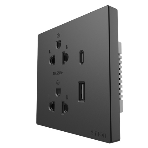 Module ổ cắm đôi 3 chấu 16A kèm sạc USB và TypeC Simon màu đen S6 58E7251-26