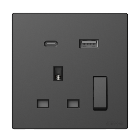 Ổ cắm 3 chấu chuẩn Anh kèm công tắc và sạc USB + Type C màu đen Simon S6 58E7254-26